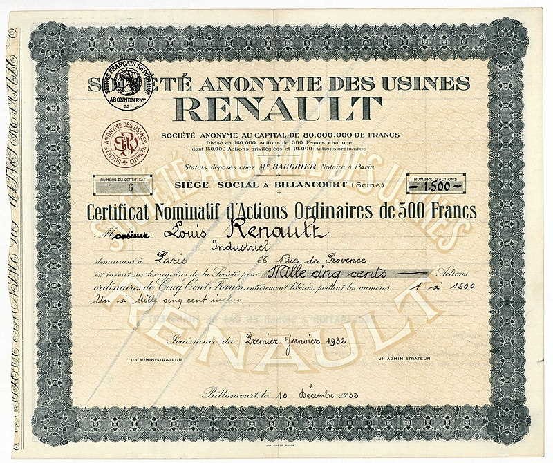 سهام SA Des Usines Renault که در 1 ژانویه‌ی 1932 به لوئیس رنو اعطا شد